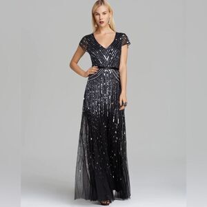 Adrianna Papell Cap Sleeve Gun Metal Sequin Gown